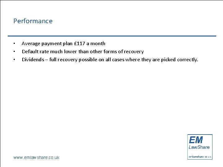 Performance • • • Average payment plan £ 117 a month Default rate much