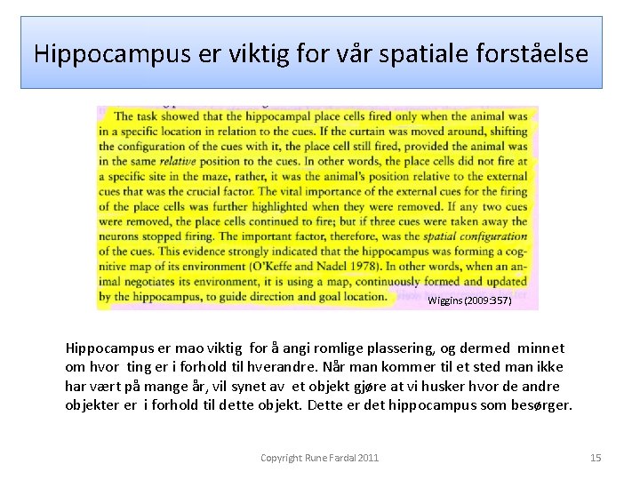 Hippocampus er viktig for vår spatiale forståelse Wiggins (2009: 357) Hippocampus er mao viktig