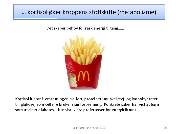 … kortisol øker kroppens stoffskifte (metabolisme) Det skaper behov for rask energi tilgang……. Kortisol