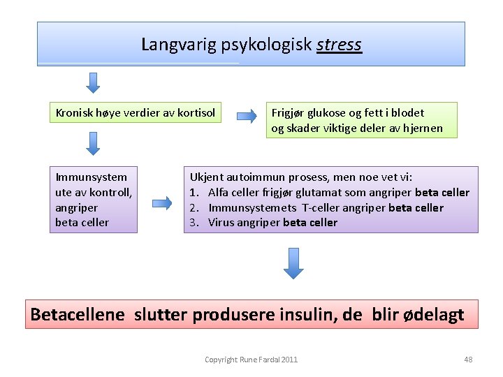 Langvarig psykologisk stress Kronisk høye verdier av kortisol Immunsystem ute av kontroll, angriper beta