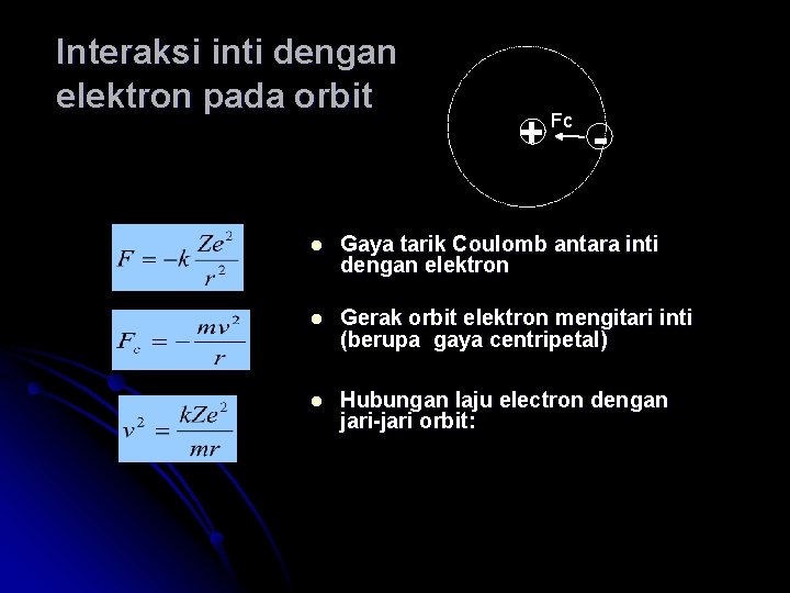 Interaksi inti dengan elektron pada orbit + Fc - l Gaya tarik Coulomb antara