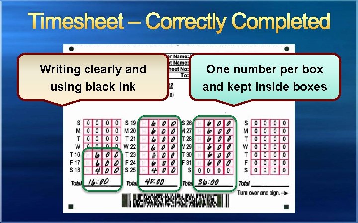 Timesheet – Correctly Completed Writing clearly and using black ink One number per box