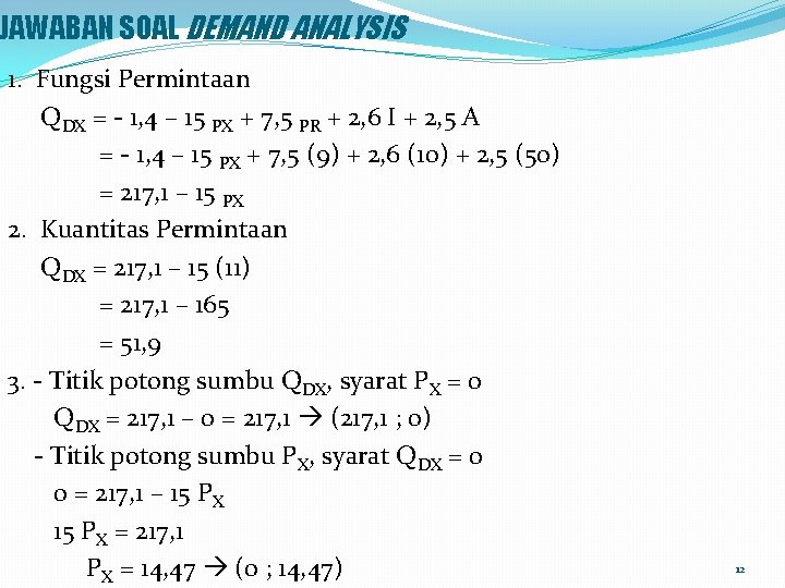 JAWABAN SOAL DEMAND ANALYSIS 1. Fungsi Permintaan QDX = - 1, 4 – 15