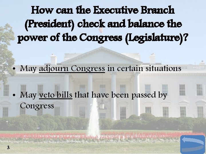 How can the Executive Branch (President) check and balance the power of the Congress