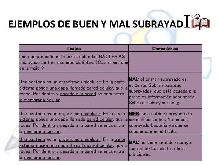 EJEMPLOS DE BUEN Y MAL SUBRAYADO Textos Comentarios Lee con atención este texto, sobre