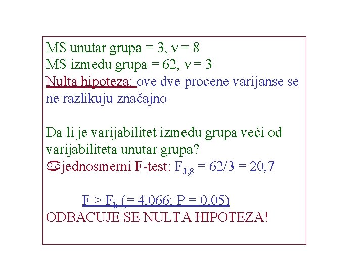 MS unutar grupa = 3, ν = 8 MS između grupa = 62, ν