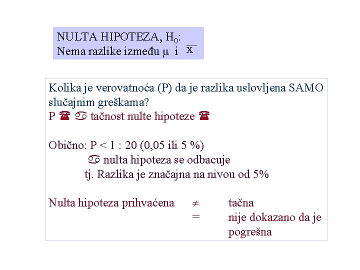NULTA HIPOTEZA, H 0: Nema razlike između μ i Kolika je verovatnoća (P) da