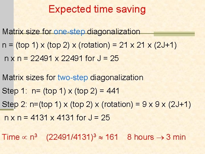 Expected time saving Matrix size for one-step diagonalization n = (top 1) x (top