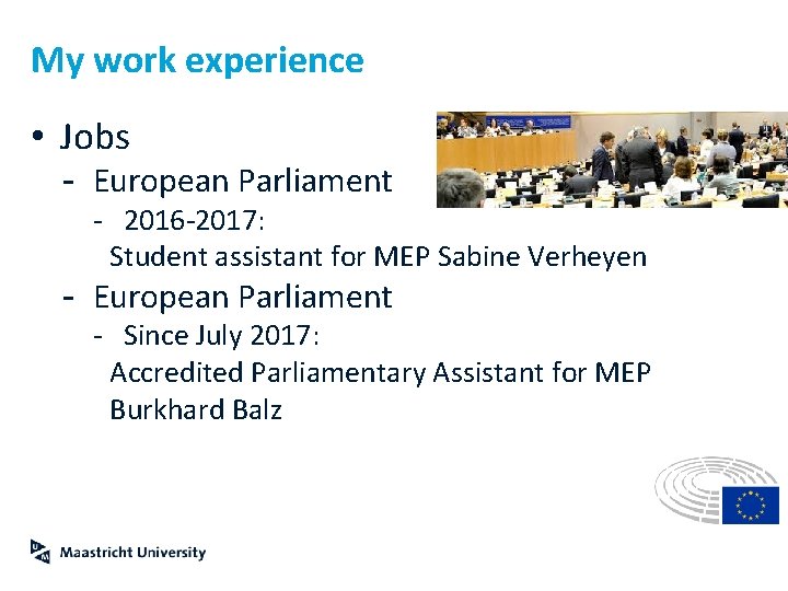My work experience • Jobs - European Parliament - 2016 -2017: Student assistant for