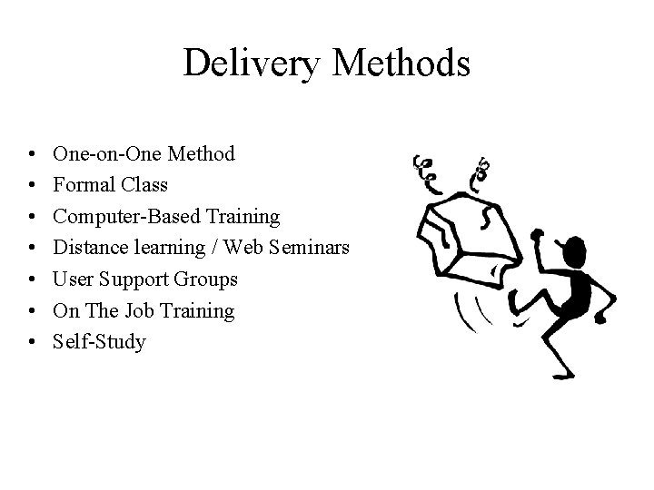 Delivery Methods • • One-on-One Method Formal Class Computer-Based Training Distance learning / Web