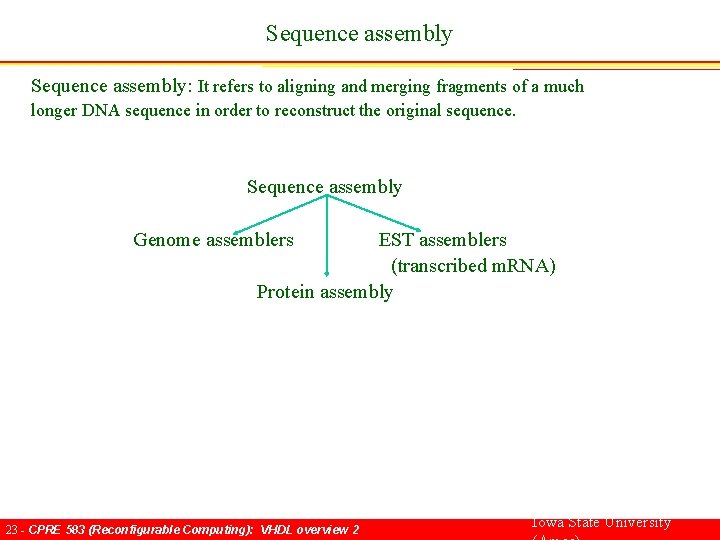 Sequence assembly: It refers to aligning and merging fragments of a much longer DNA