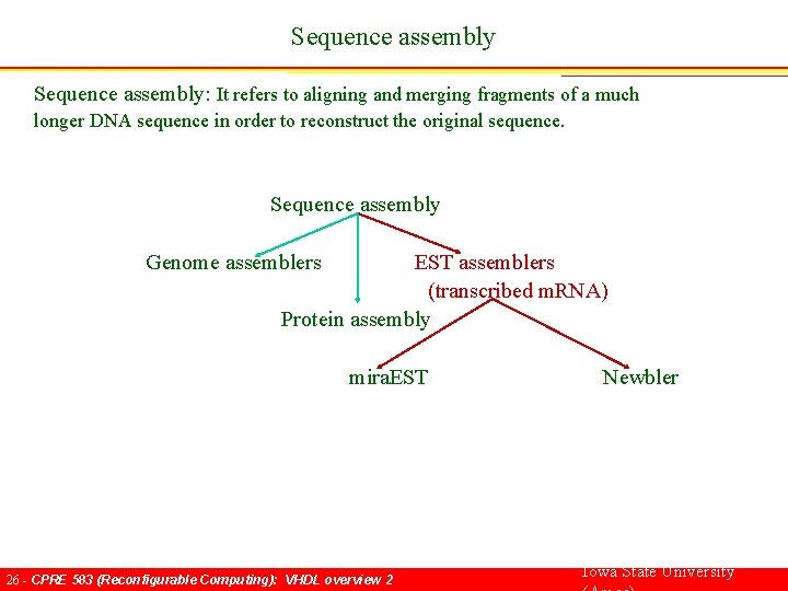 Sequence assembly: It refers to aligning and merging fragments of a much longer DNA