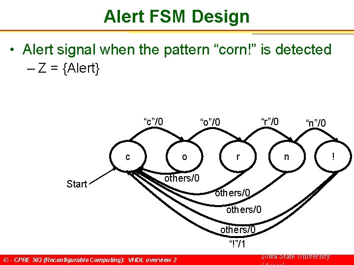 Alert FSM Design • Alert signal when the pattern “corn!” is detected – Z