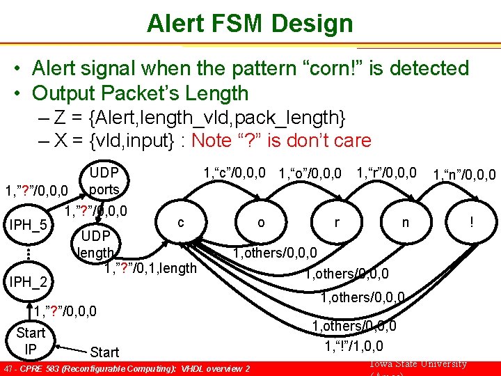 Alert FSM Design • Alert signal when the pattern “corn!” is detected • Output