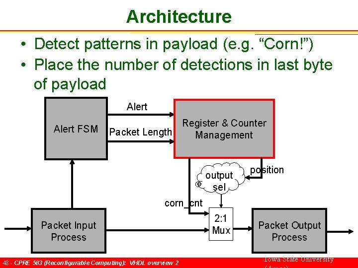 Architecture • Detect patterns in payload (e. g. “Corn!”) • Place the number of