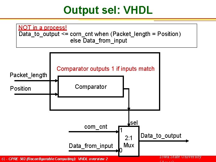 Output sel: VHDL NOT in a process! Data_to_output <= corn_cnt when (Packet_length = Position)