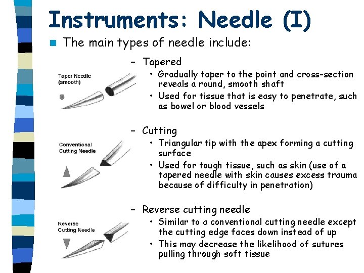 Instruments: Needle (I) n The main types of needle include: – Tapered • Gradually Instruments: Needle (I) n The main types of needle include: – Tapered • Gradually