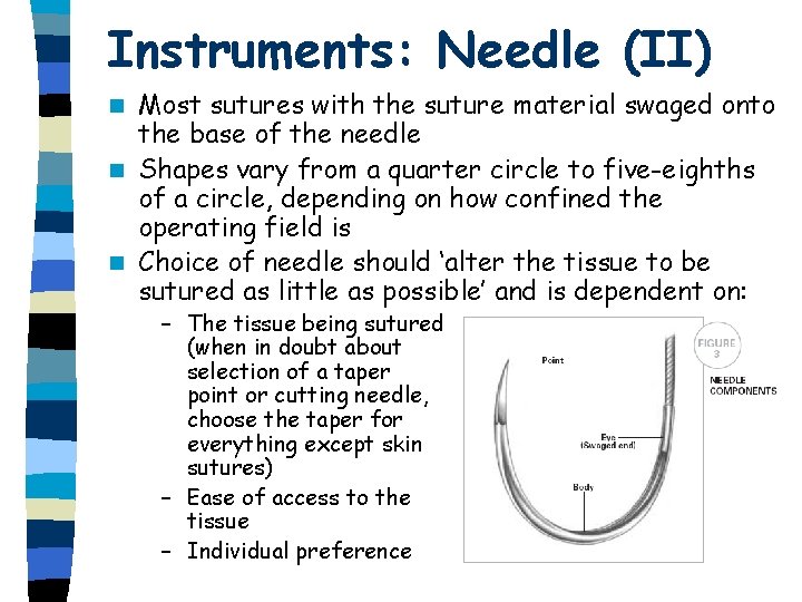 Instruments: Needle (II) Most sutures with the suture material swaged onto the base of Instruments: Needle (II) Most sutures with the suture material swaged onto the base of
