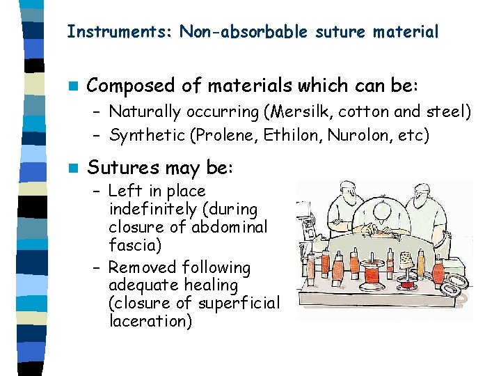 Instruments: Non-absorbable suture material n Composed of materials which can be: – Naturally occurring Instruments: Non-absorbable suture material n Composed of materials which can be: – Naturally occurring