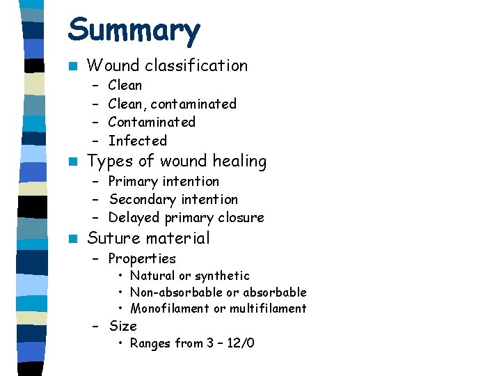 Summary n Wound classification – – n Clean, contaminated Contaminated Infected Types of wound Summary n Wound classification – – n Clean, contaminated Contaminated Infected Types of wound