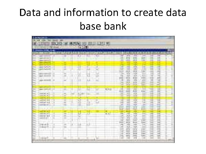 Data and information to create data base bank 