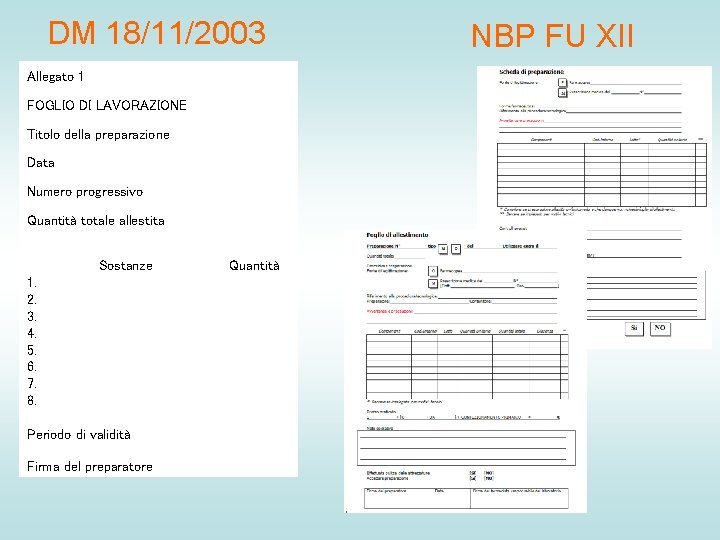 DM 18/11/2003 Allegato 1 FOGLIO DI LAVORAZIONE Titolo della preparazione Data Numero progressivo Quantità DM 18/11/2003 Allegato 1 FOGLIO DI LAVORAZIONE Titolo della preparazione Data Numero progressivo Quantità