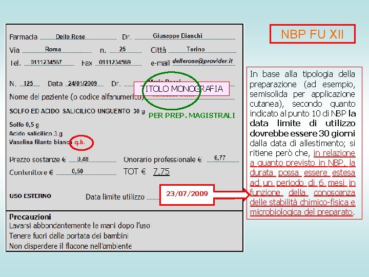 NBP FU XII TITOLO MONOGRAFIA PER PREP. MAGISTRALI TOT € 7, 75 23/07/2009 In