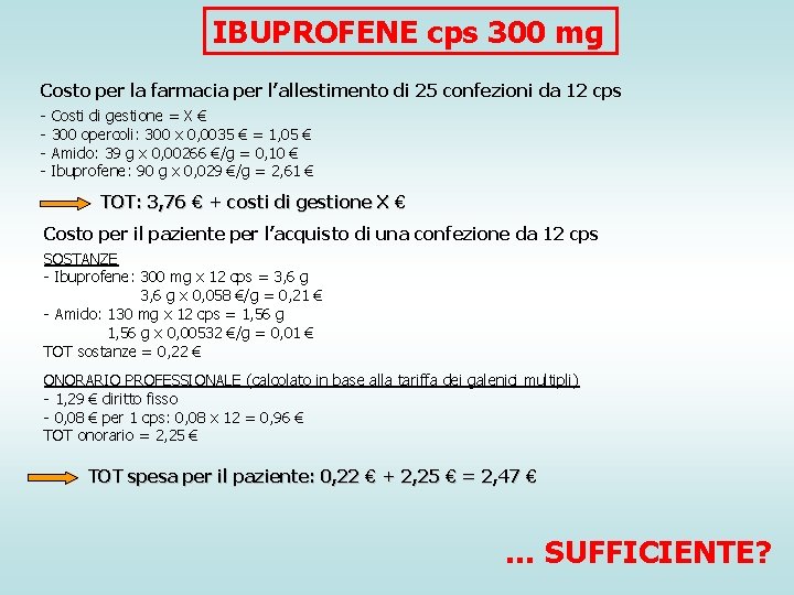 IBUPROFENE cps 300 mg Costo per la farmacia per l’allestimento di 25 confezioni da IBUPROFENE cps 300 mg Costo per la farmacia per l’allestimento di 25 confezioni da