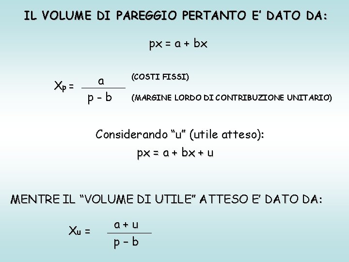 IL VOLUME DI PAREGGIO PERTANTO E’ DATO DA: px = a + bx Xp IL VOLUME DI PAREGGIO PERTANTO E’ DATO DA: px = a + bx Xp