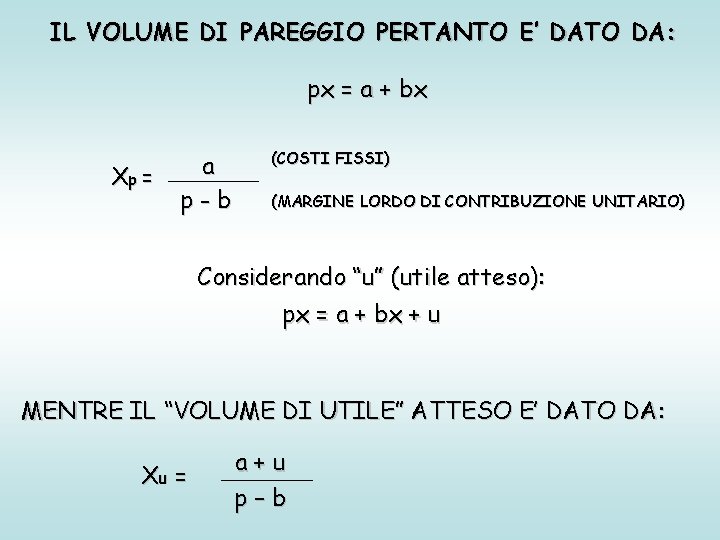 IL VOLUME DI PAREGGIO PERTANTO E’ DATO DA: px = a + bx Xp