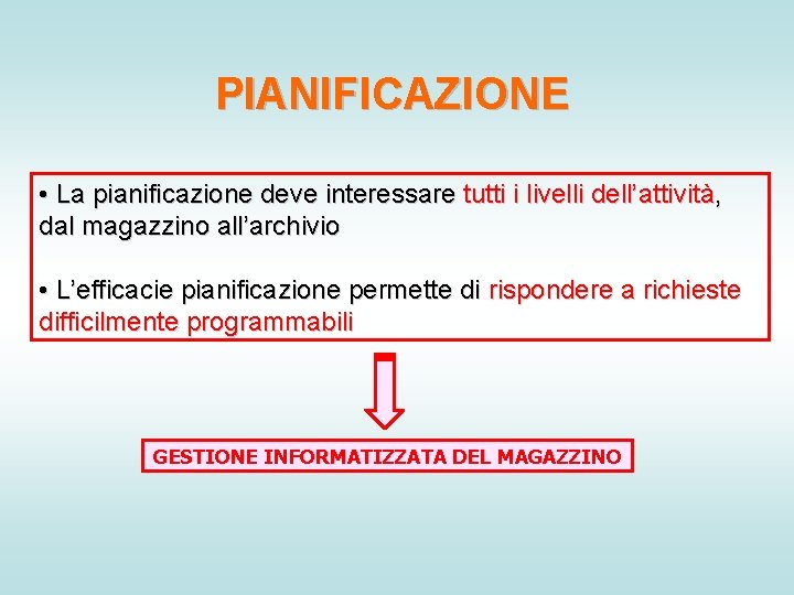 PIANIFICAZIONE • La pianificazione deve interessare tutti i livelli dell’attività, dal magazzino all’archivio • PIANIFICAZIONE • La pianificazione deve interessare tutti i livelli dell’attività, dal magazzino all’archivio •