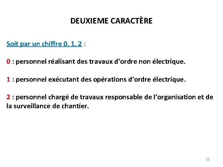 DEUXIEME CARACTÈRE Soit par un chiffre 0, 1, 2 : 0 : personnel réalisant