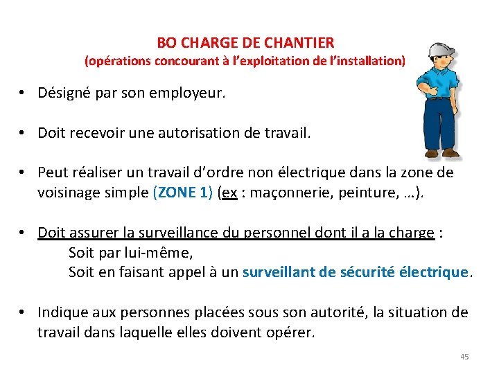 BO CHARGE DE CHANTIER (opérations concourant à l’exploitation de l’installation) • Désigné par son