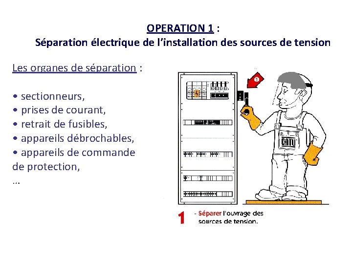 OPERATION 1 : Séparation électrique de l’installation des sources de tension Les organes de