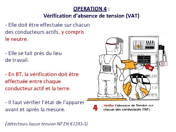 OPERATION 4 : Vérification d’absence de tension (VAT) - Elle doit être effectuée sur