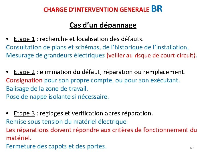 CHARGE D’INTERVENTION GENERALE BR Cas d’un dépannage • Etape 1 : recherche et localisation