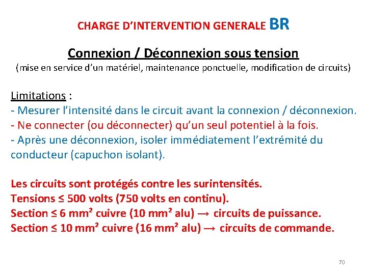 CHARGE D’INTERVENTION GENERALE BR Connexion / Déconnexion sous tension (mise en service d’un matériel,