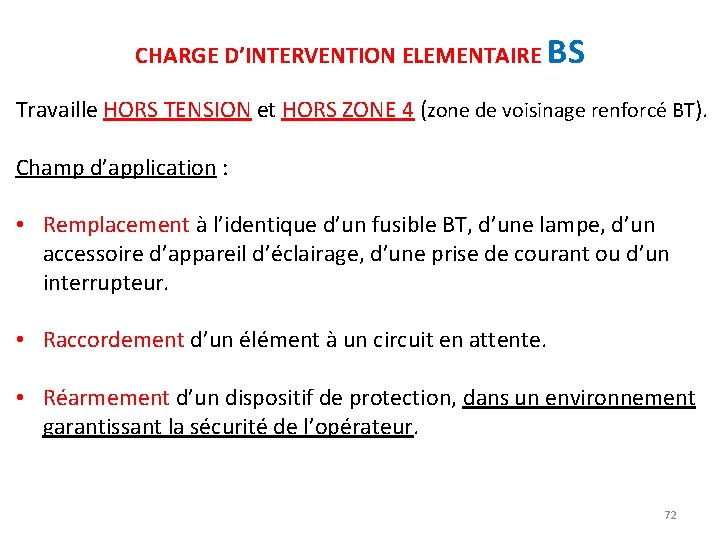 CHARGE D’INTERVENTION ELEMENTAIRE BS Travaille HORS TENSION et HORS ZONE 4 (zone de voisinage