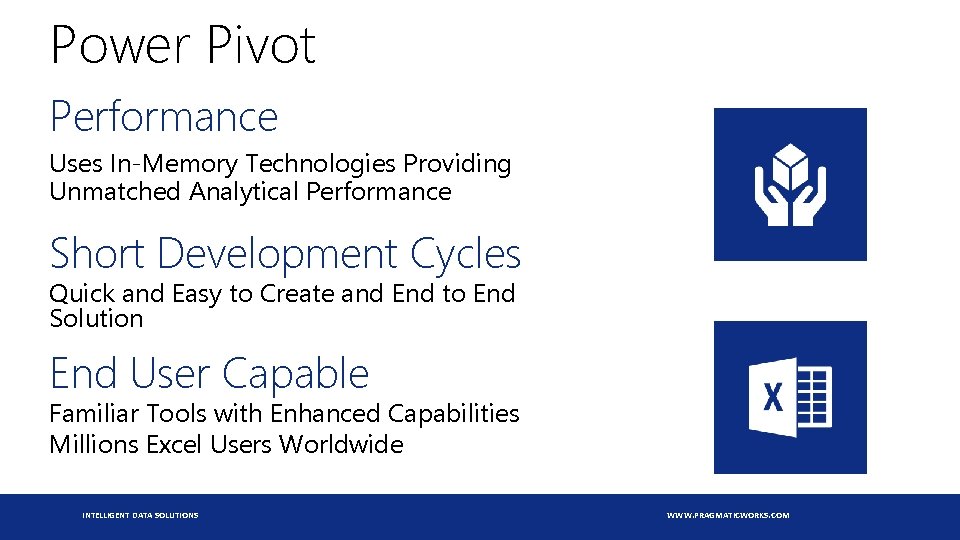 Power Pivot Performance Uses In-Memory Technologies Providing Unmatched Analytical Performance Short Development Cycles Quick