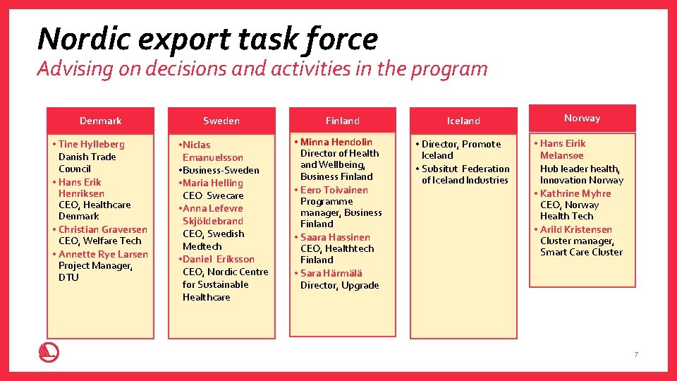 Nordic export task force Advising on decisions and activities in the program Denmark Sweden