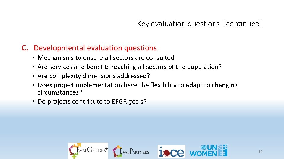 Key evaluation questions [continued] C. Developmental evaluation questions Mechanisms to ensure all sectors are