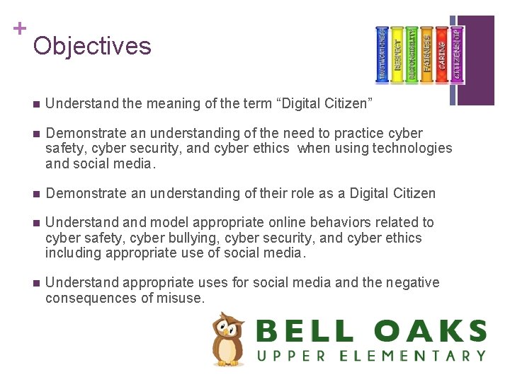 + Objectives n Understand the meaning of the term “Digital Citizen” n Demonstrate an