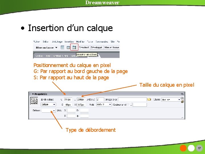 Dreamweaver • Insertion d’un calque Positionnement du calque en pixel G: Par rapport au