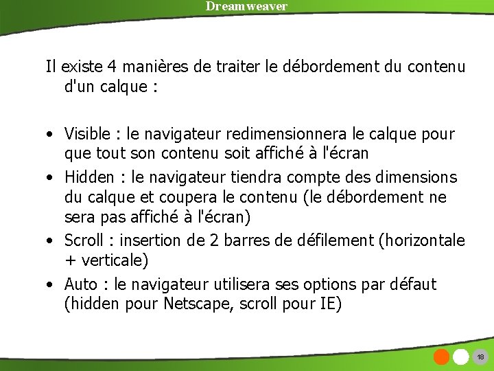 Dreamweaver Il existe 4 manières de traiter le débordement du contenu d'un calque :