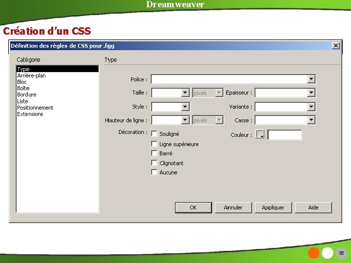 Dreamweaver Création d’un CSS 35 