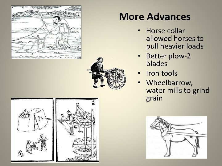 More Advances • Horse collar allowed horses to pull heavier loads • Better plow-2