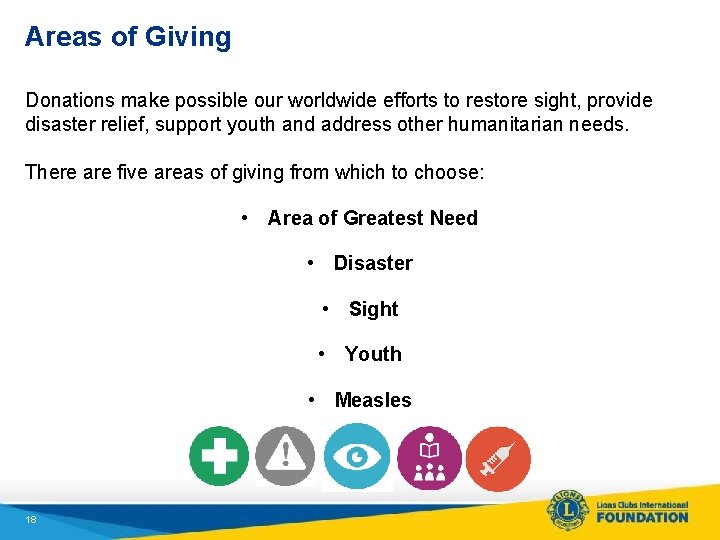 Areas of Giving Donations make possible our worldwide efforts to restore sight, provide disaster