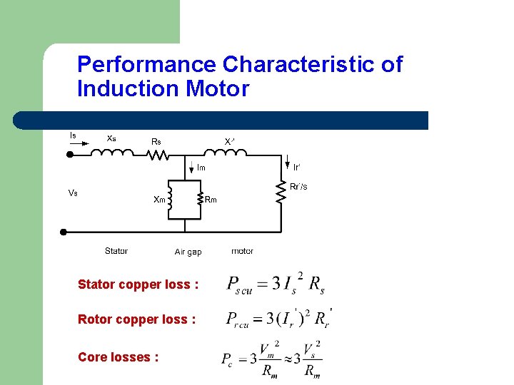 Performance Characteristic of Induction Motor Stator copper loss : Rotor copper loss : Core