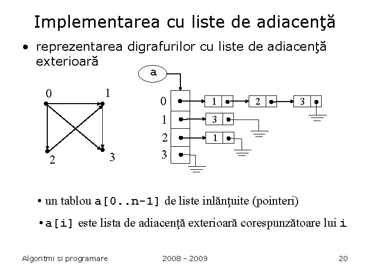 Implementarea cu liste de adiacenţă • reprezentarea digrafurilor cu liste de adiacenţă exterioară a