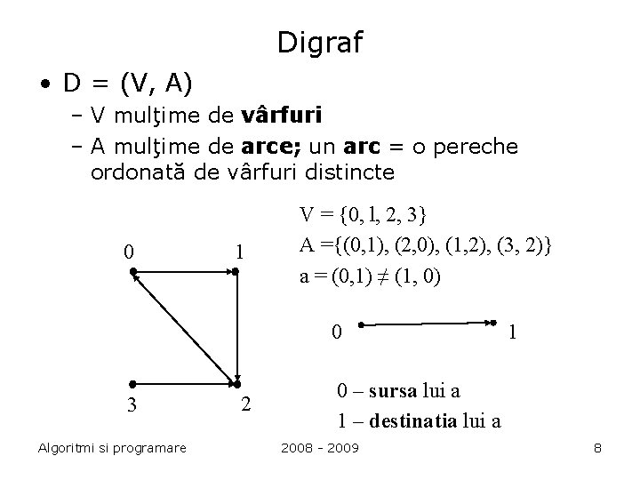 Digraf • D = (V, A) – V mulţime de vârfuri – A mulţime